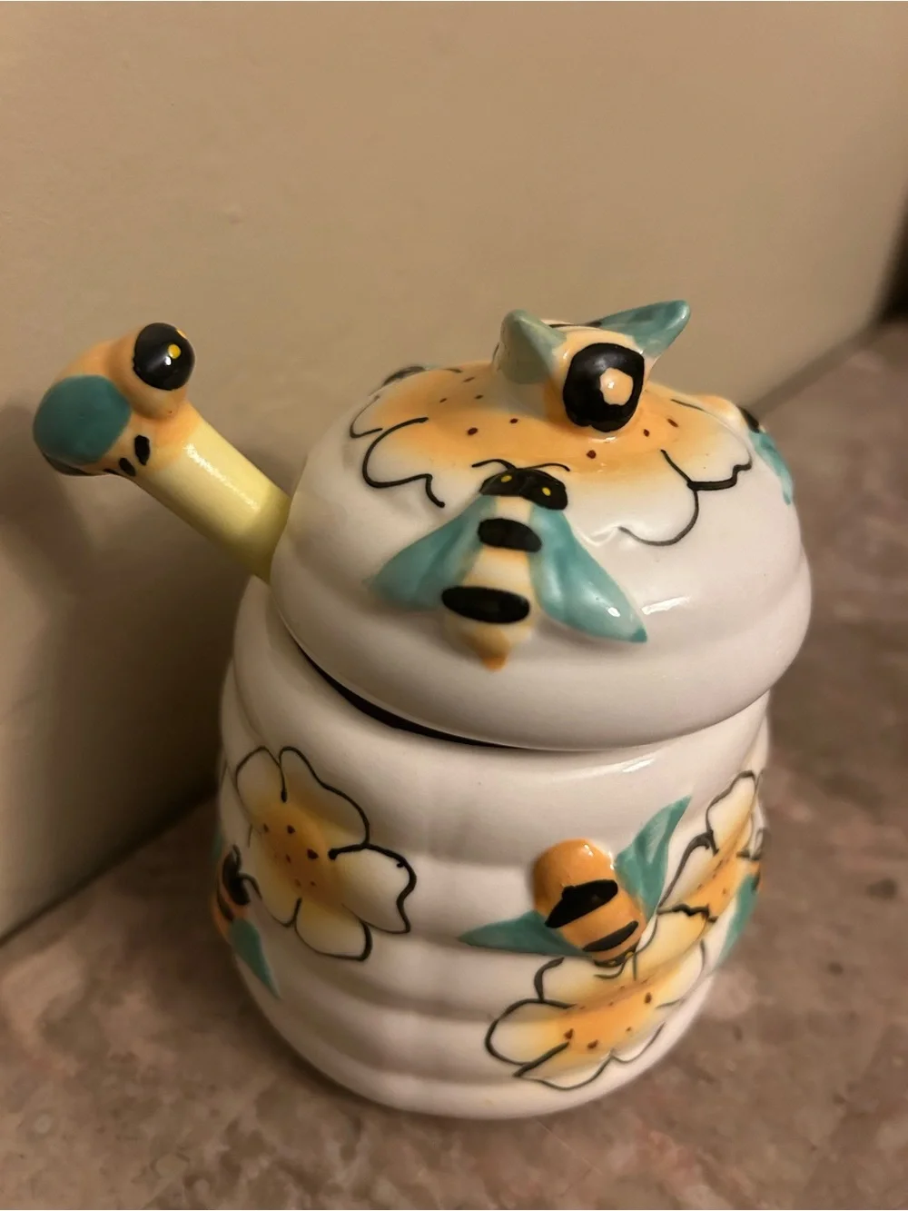 Hand-Painted Ceramic Bee Honey Pot - Yellow and Teal